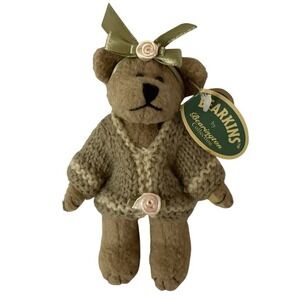 Bearington Collection Bearkins Plush Teddy Bear Brown Green Ribbon‎ Flower Knit